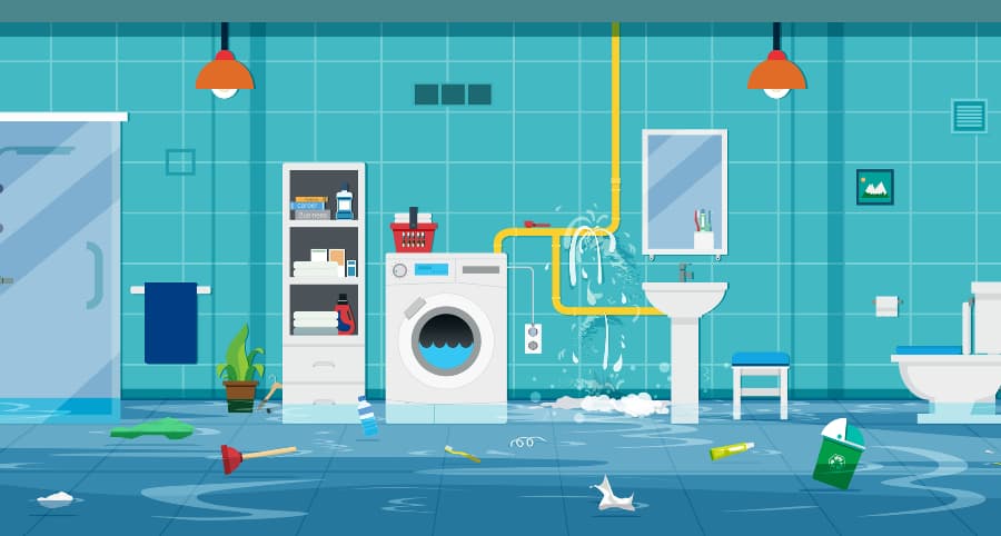 Illustration of flooding bathroom because of a burst pipe